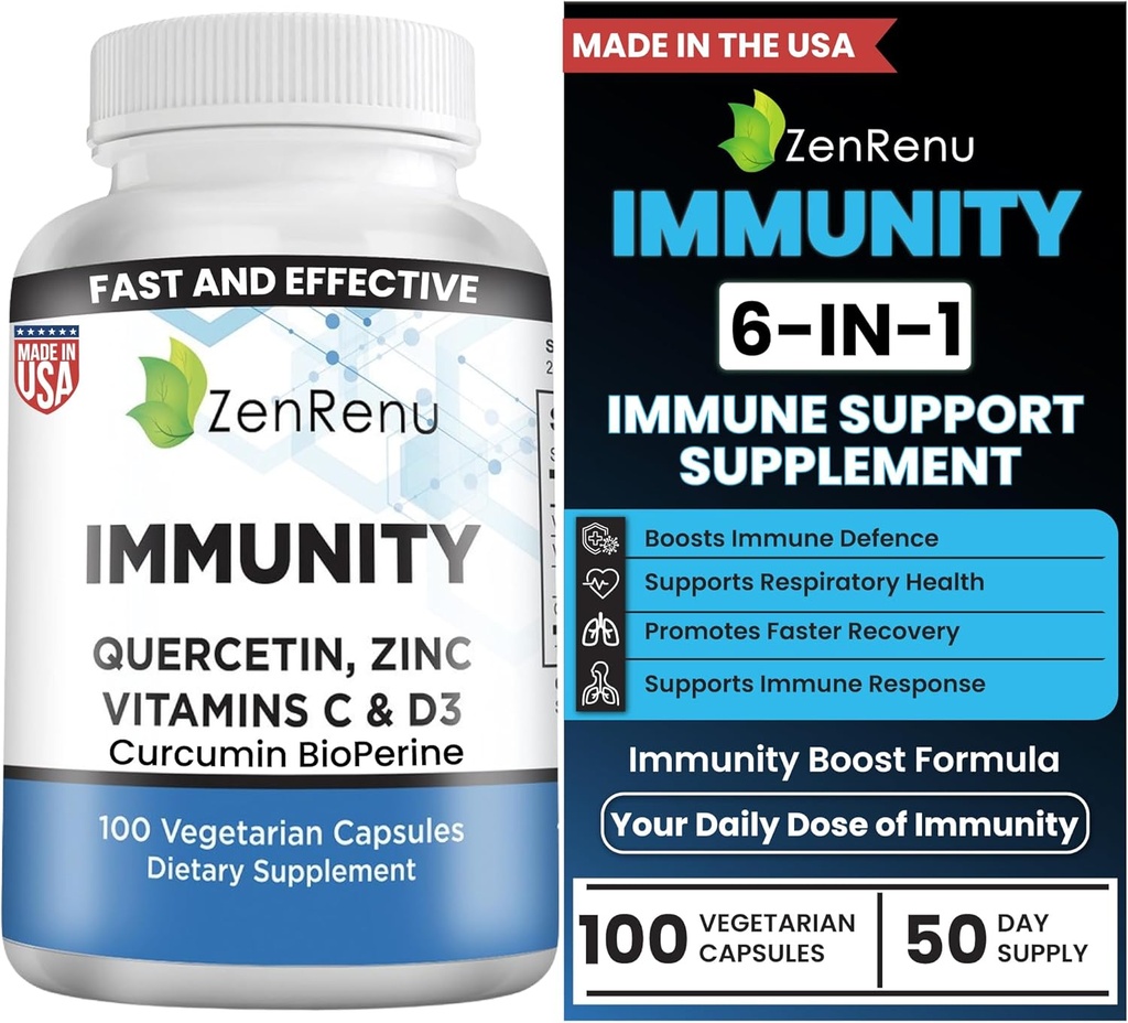 Zenrenu Immunity Quercetin 700 mg Zinc Vitamine C Vitamine D Supplément de soutien immunitaire avec Curcumine - Supplément d'immunité facile à absorber, 100 capsules végétariennes 50 jours d'approvisionnement