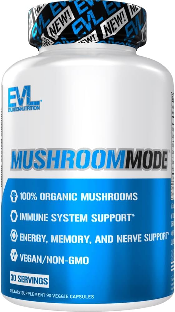 Evlution Vegan Organic Mushroom Supplement Capsules - Organic Lions Mane Mushroom Capsules with Cordyceps and Reishi Blend - Nootropics Brain Support Supplement for Focus and Energy - 30 Servings