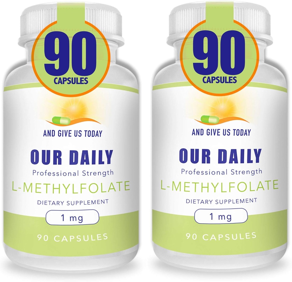 Nos Vites quotidiens L-méthylfolate 1mg / 1000 mcg Résistance maximale Folate actif, 5-MTHF, Sans remplissage, Sans gluten, Sans OGM, Capsules végétariennes 90 Nombre (paquet de 2)