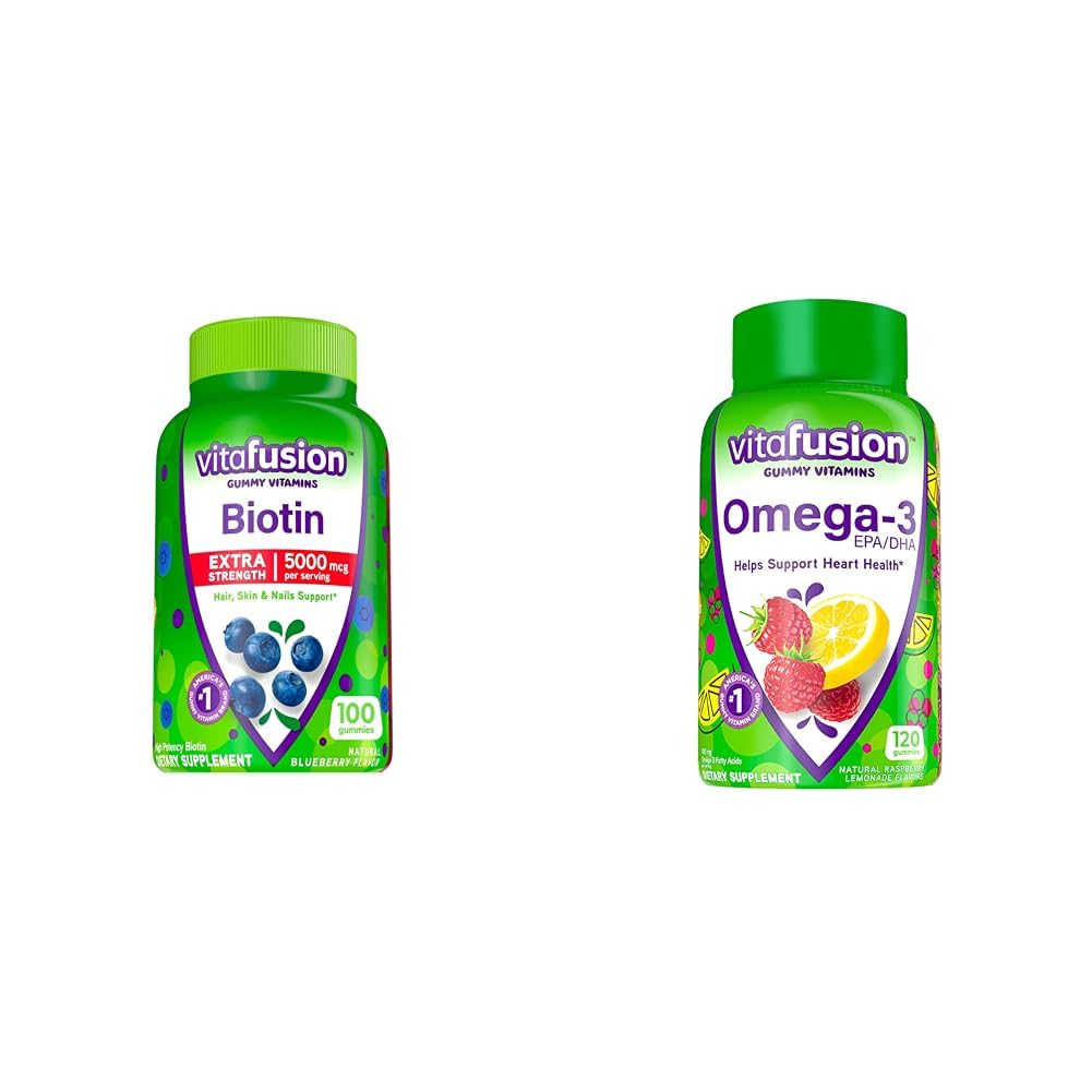 Vitafusion Biotine Extra Strength Vitamines Gummy, Saveur de Berry, 5 000 mcg Vitamines biotines, Amérique et Omega-3 Vitamines Gummy, Saveur de citronnade de Berry, Vitamines de santé cardiaque(1)