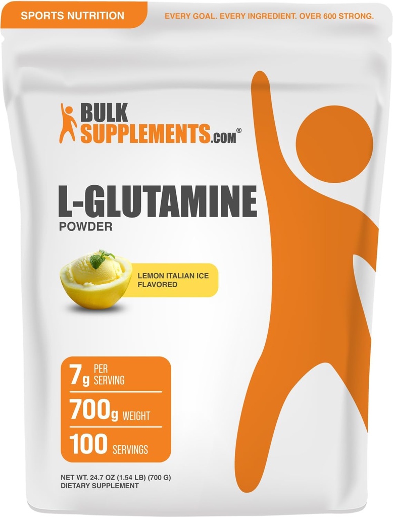 BulkSupplements.com Poudre de L-Glutamine - Supplément de glutamine, Supplément d'acide aminé - Citron Italien Arôme de glace, 7g par portion, 700g (1,5 lb) (paquet de 1)