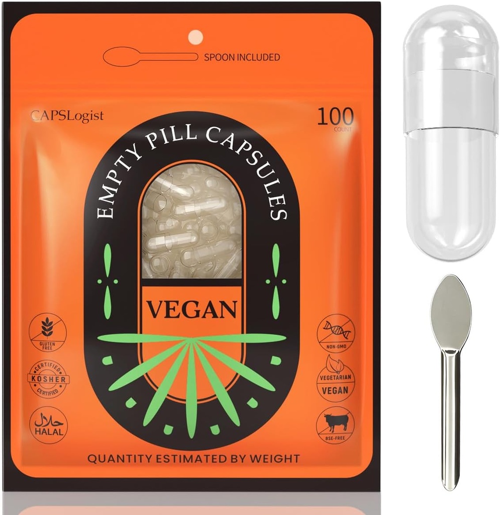 Capsules de pilules vides Taille 0, 100 Bundle de compte avec Micro Lab Spoon, Capsules de pilules vides rechargeables 0 Veggie claire végétarienne pour faire vos propres suppléments