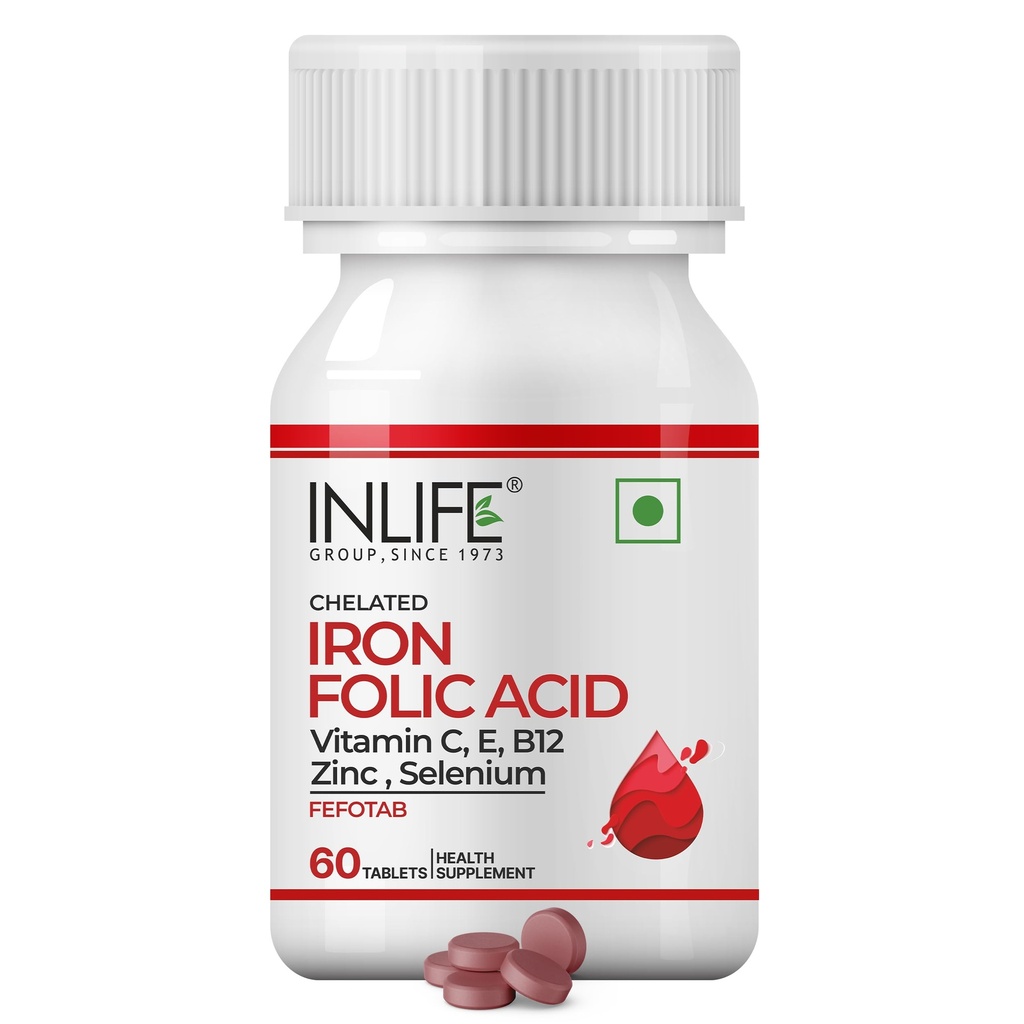 INLIFE Iron Folic Acid, Chelated Ferrous Bisglycinate, 60 Tablets