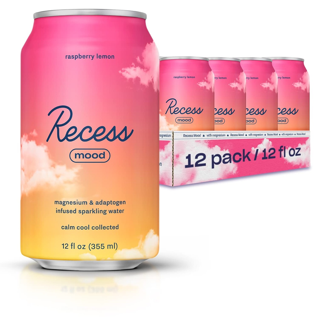 Recess Mood Magnésium et boisson adaptogène, Boissons de relaxation calmantes, 12 onces (Lémon framboise, 12 paquets)