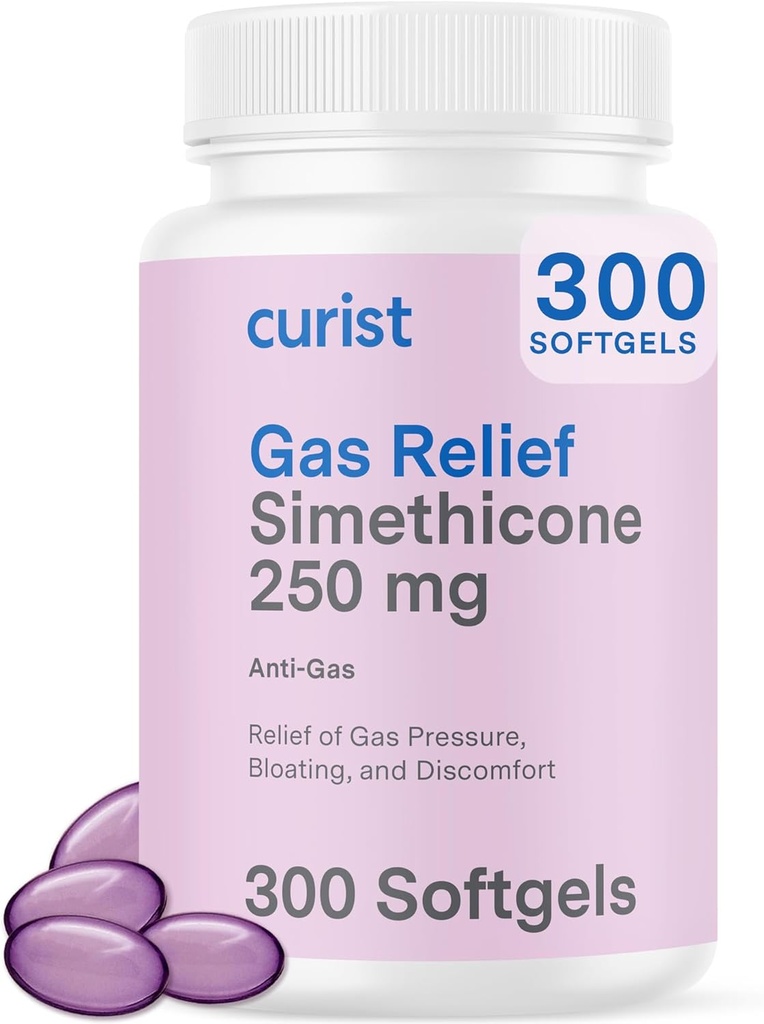 Relief de gaz curiste Siméthicone 250 mg Softgels (300 Comte) - Relief digestif, Relief de ballonnement et pilules anti-flatulence pour adultes aide le Relief de gaz et de ballonnement (300 gels mous)