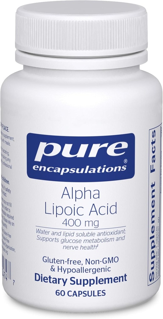 Encapsulations pures Acide alpha lipoïque 400 mg de supplément ALA pour le soutien du foie, les antioxydants, la santé nerveuse et cardiovasculaire, les radicaux libres et le soutien aux glucides*