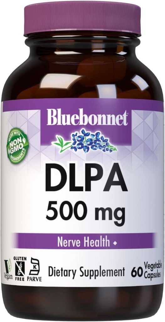 Bluebonnet Nutrition DLPA (DL-Phenylalanine) 500mg, acide amino de forme libre, pour support du système nerveux, sans soja, sans gluten, sans OGM, casher, végétalien, 60 capsules végétales