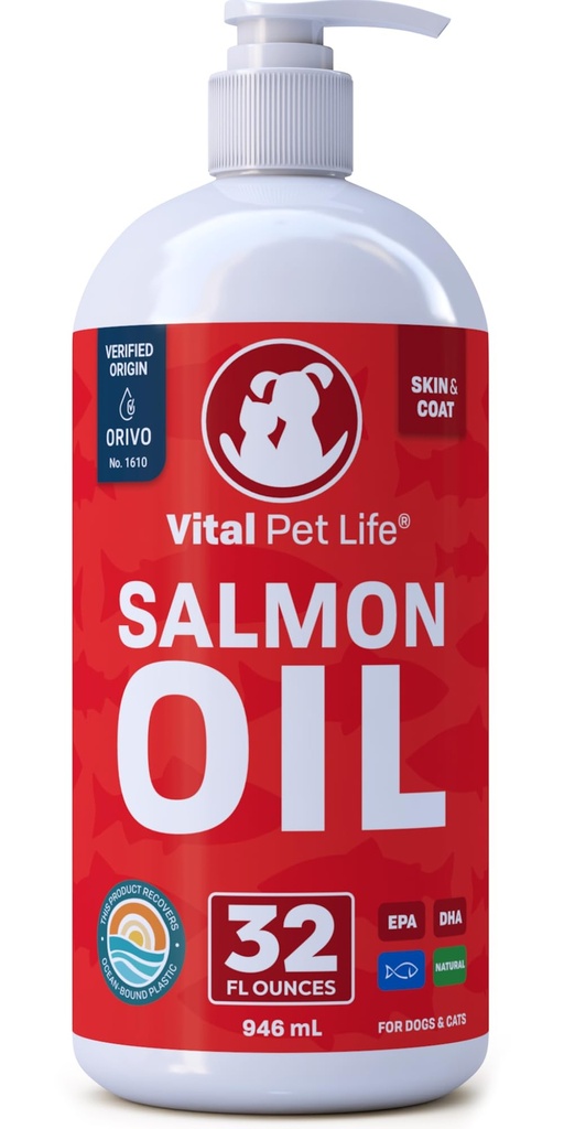 Huile de saumon pour chiens et chats - Skin & Coat Healthy, Huile de poisson, Omega 3 EPA DHA, Complément alimentaire liquide pour animaux de compagnie, tout naturel, soutient la santé des articulations et des os, l'allergie naturelle et la défense de l'inflammation, 32 oz