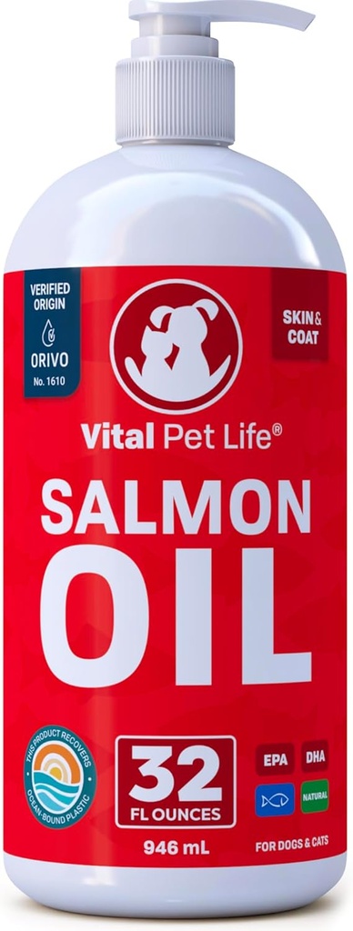 Huile de saumon pour chiens et chats - Skin & Coat Healthy, Huile de poisson, Omega 3 EPA DHA, Complément alimentaire liquide pour animaux de compagnie, tout naturel, soutient la santé des articulations et des os, l'allergie naturelle et la défense de l'inflammation, 32 oz