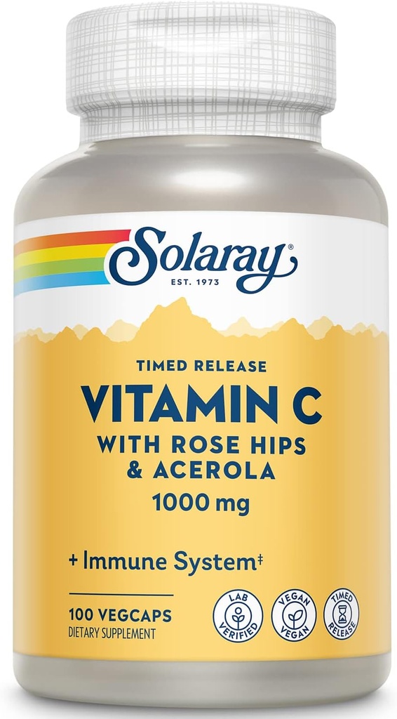 SOLARAY Vitamine C 1000mg - Sortie dans le temps Vitamine C Capsules avec/Rose HIPS et Acerola pour le soutien bioflavonoïde - deux niveaux, soutien immunitaire toute la journée - Vegan, garantie de 60 jours, 100 portions, 100 VegCaps