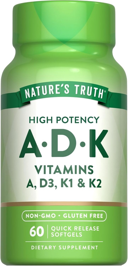La vérité de la nature Vitamine ADK. 60 Softgels. Haute puissance de la vitamine A, D3, K1 et K2.