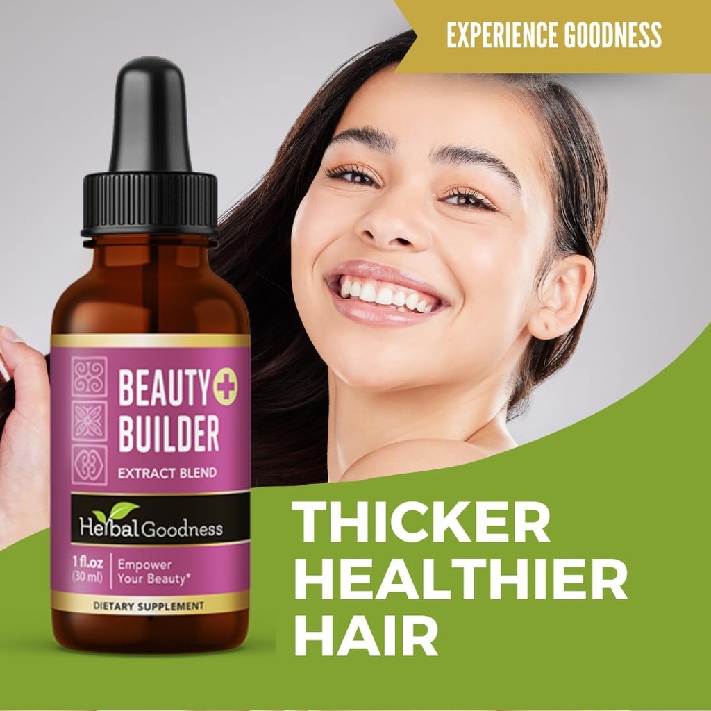 Herbal Goodness Beauty Builder 1oz - Collagène pour femmes avec biotine et acide hyaluronique - Croissance des cheveux, hydratation de la peau, soutien des ongles, booster beauté anti-âge - Comprend Marigold & Guava Leaf