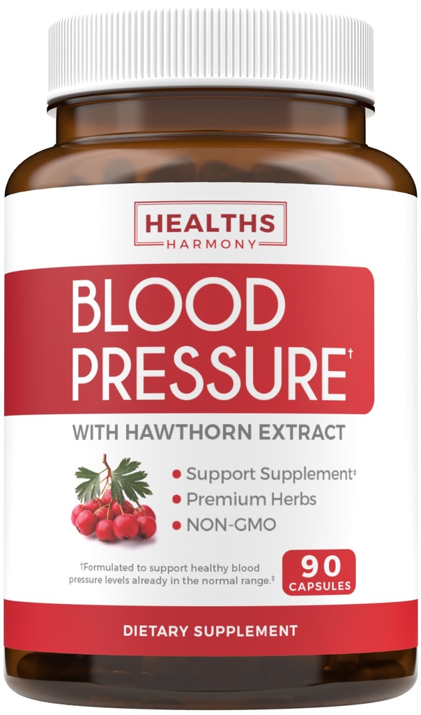 Supplément de soutien de la pression artérielle (NON-GMO) Herbes naturelles, vitamines et baies Premium - haute posologie de l'extrait de baies d'épine – soutient les niveaux de pression artérielle déjà dans la gamme normale – 90 capsules