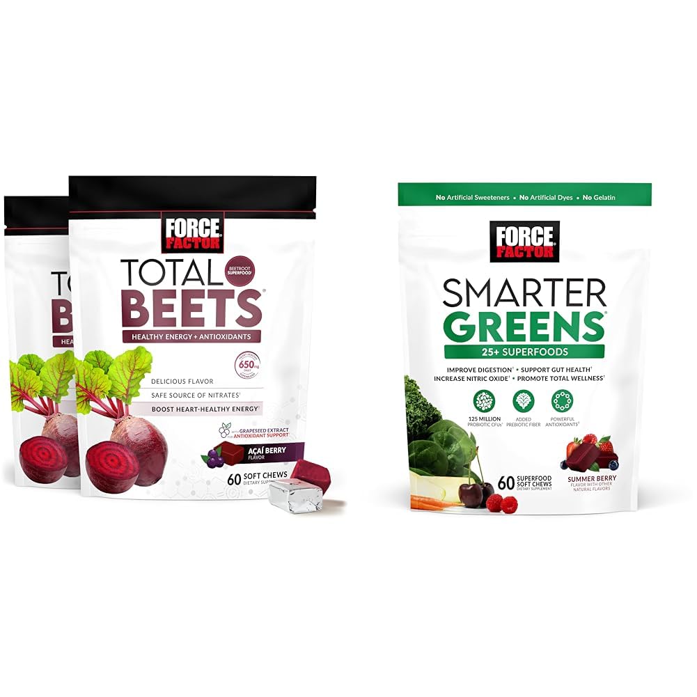 Facteur de force Betteraves totales Mâches molles avec de la betterave, de l'extrait de graines de raisin, des antioxydants, des nitrates, de la L-Citrulline, 120 Count, 2-Pack et des verts plus intelligents Superfood Chews avec 25+ Superfoods, Probiotiques, Antioxydants et Fibre, 60 Count