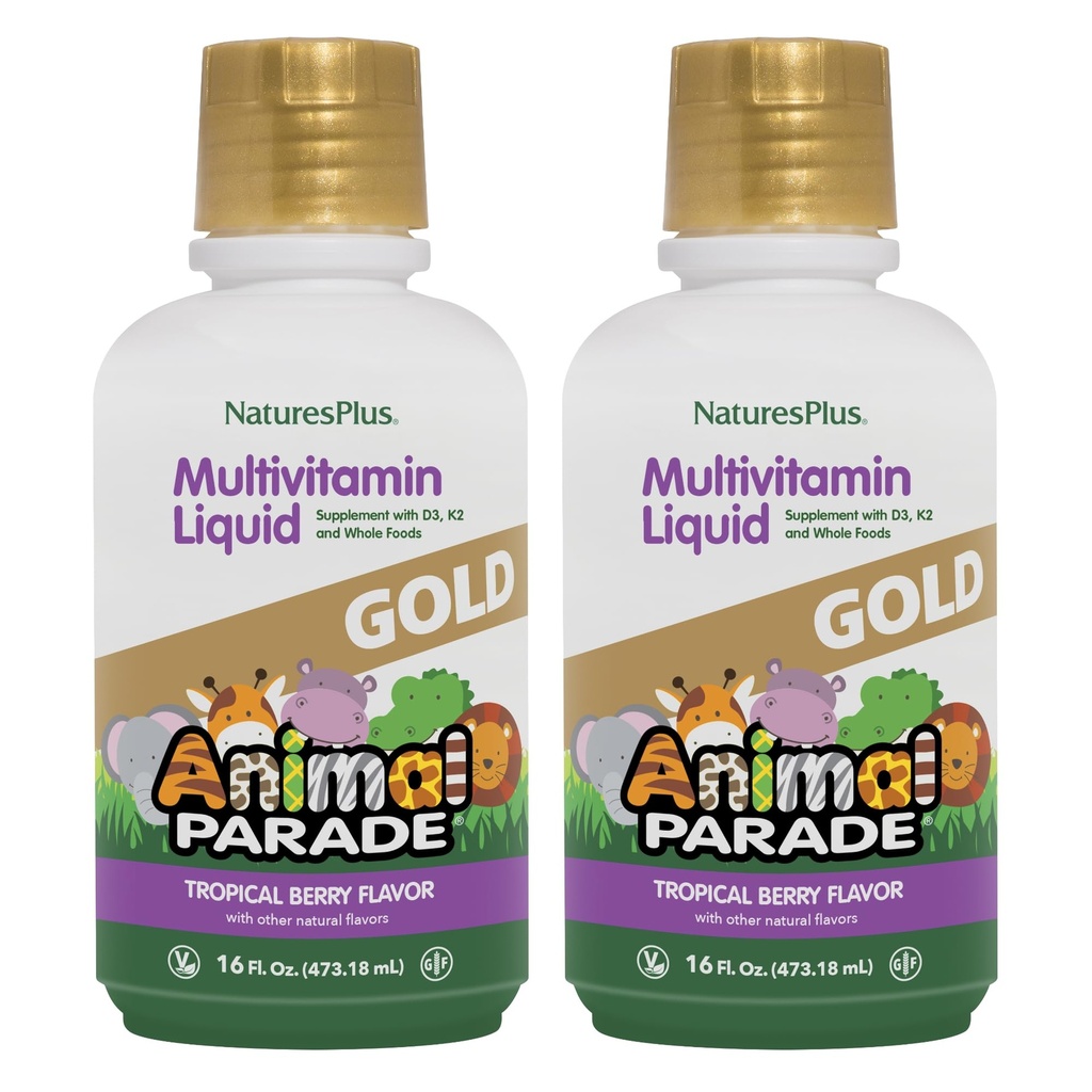 NaturesPlus Parade animale Or Multivitamine liquide pour enfants - 16 fl oz, paquet de 2 - Saveur de baie tropicale naturelle - Sans gluten, végétalien - 64 Total des portions