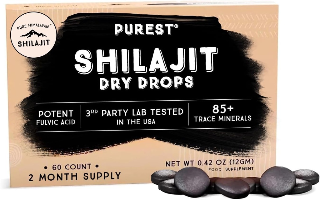 Pure Himalayan Shilajit Dry Drops, 100% Pure Natural Shilajit, Grade A, Max Potency 85+ Clean Trace Minerals & Fulvic Acid for Energy, Metabolism & Immune Support Supplement for Men & Women (60 tabs)