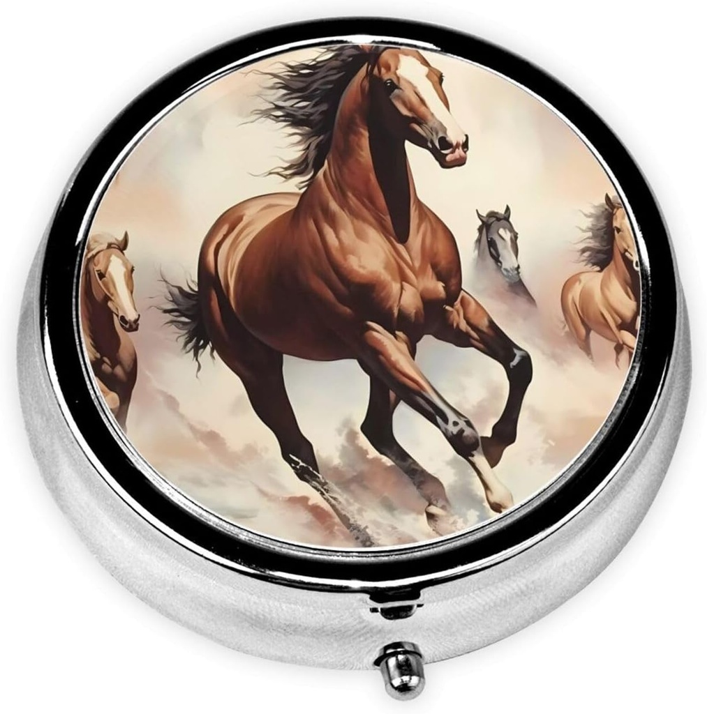 Boîte à pilules, petit étui à pilules pour la Purse & Pocket, organisateur de médecine mignon Voyage Pillbox, porte-conteneur de pilules portable pour tenir les vitamines, les médicaments, l'huile de poisson et les suppléments,Prancing Brown Horse