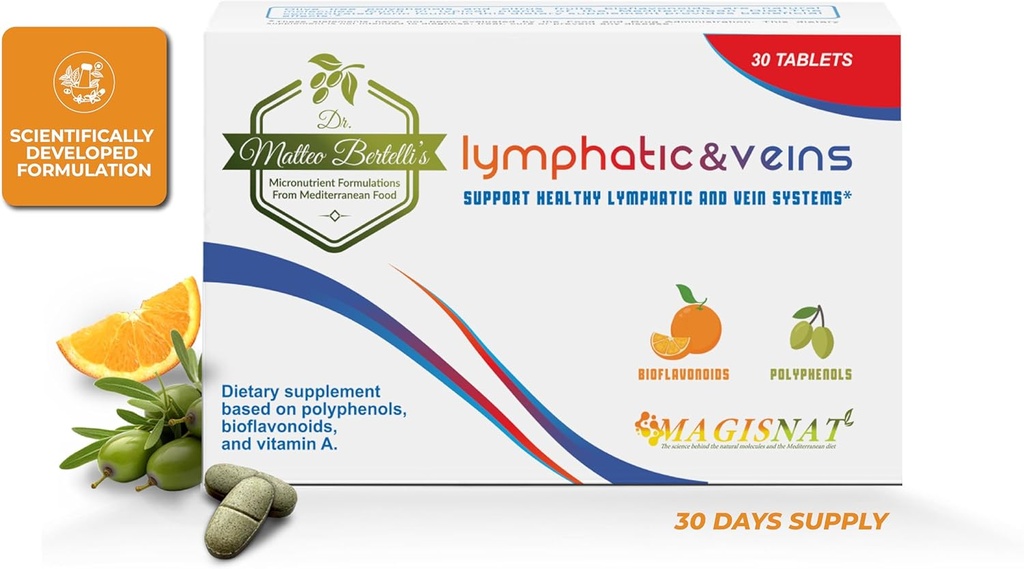 Dr. Matteo Bertelli – Lymphatique & Véines 30 comprimés, Drainage lymphatique supplément diététique avec hydroxytyrosol, vitamine A, Hespéridine, extrait de fruits d'agrumes, Spermidine, pour la santé veineuse et lymphatique