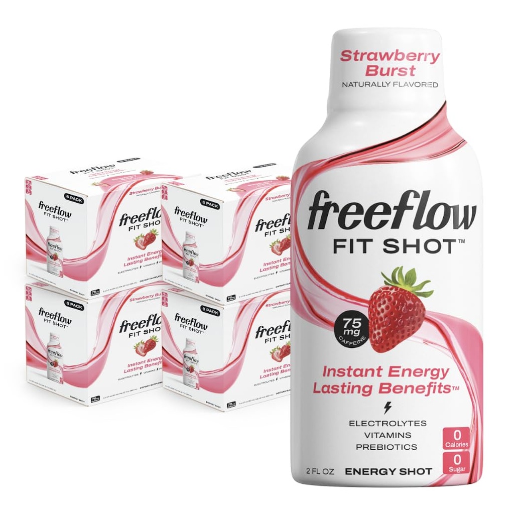 Freeflow Fit Energy Shots, Strawberry Burst, Natural Caffeine Boost with L-theanine, Ginseng, Vitamins, Prebiotics, Electrolytes (24 Count, 2oz Shots)