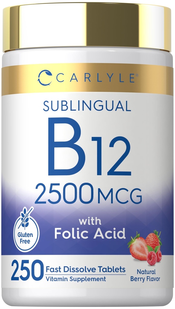 Carlyle Vitamine B12 Sublingual 2500 mcg.com 250 comprimés rapidement dissous.com Supplément de cyanocobalamine avec acide folique pour les adultes.