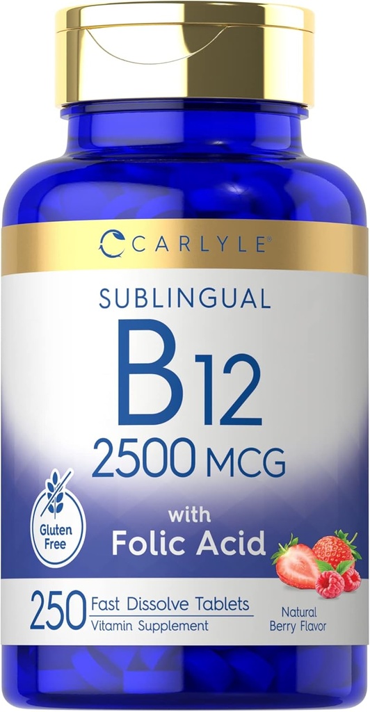 Carlyle Vitamine B12 Sublingual 2500 mcg.com 250 comprimés rapidement dissous.com Supplément de cyanocobalamine avec acide folique pour les adultes.