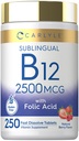 Carlyle Vitamine B12 Sublingual 2500 mcg.com 250 comprimés rapidement dissous.com Supplément de cyanocobalamine avec acide folique pour les adultes.