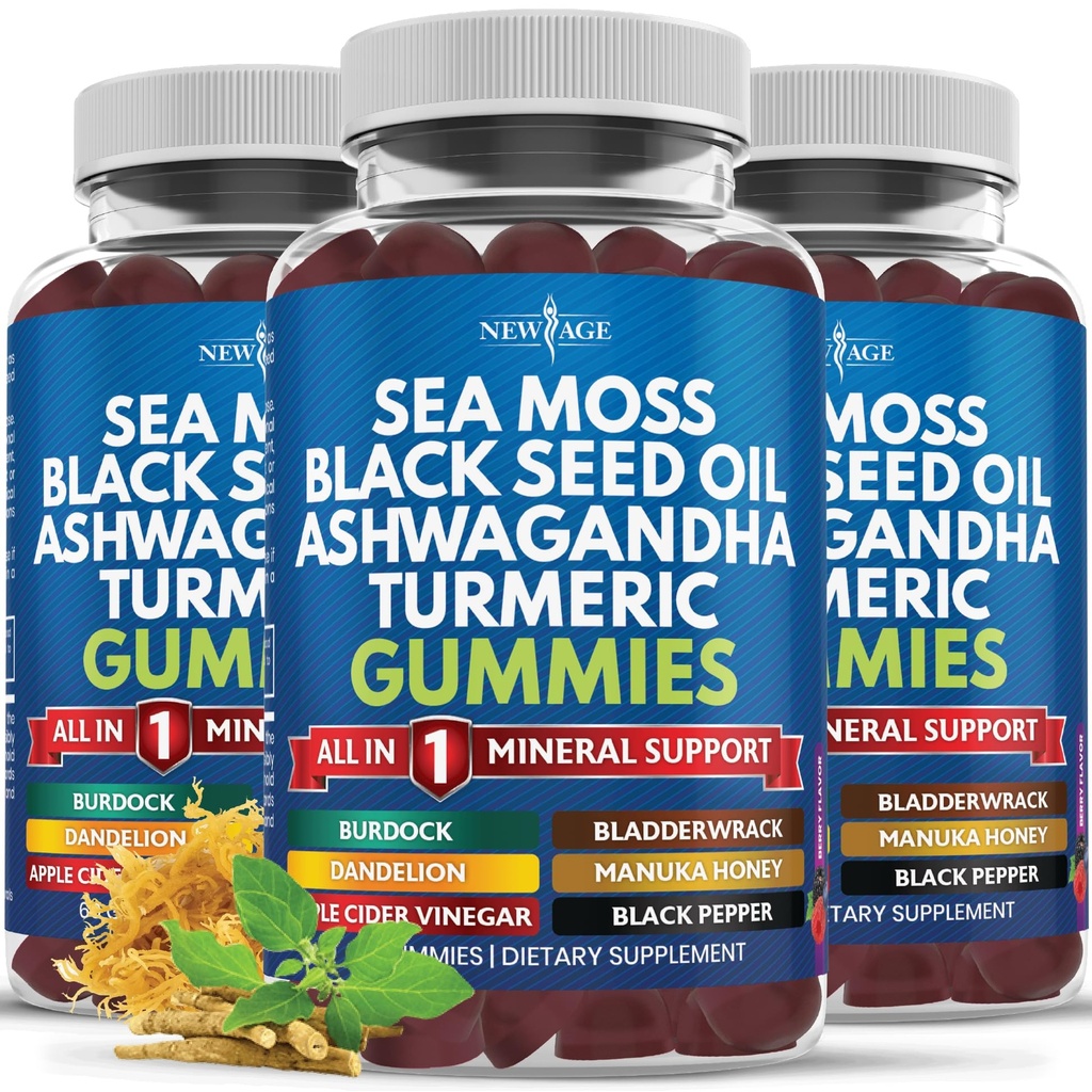 Mousse de mer Gummies, Mousse de mer, Graines noires, Ashwagandha, Turmeric, Manuka Honey, ACV, Dandelion, Pepper noir, Burdock, Bladderwrack, Vegan- 180 Comte