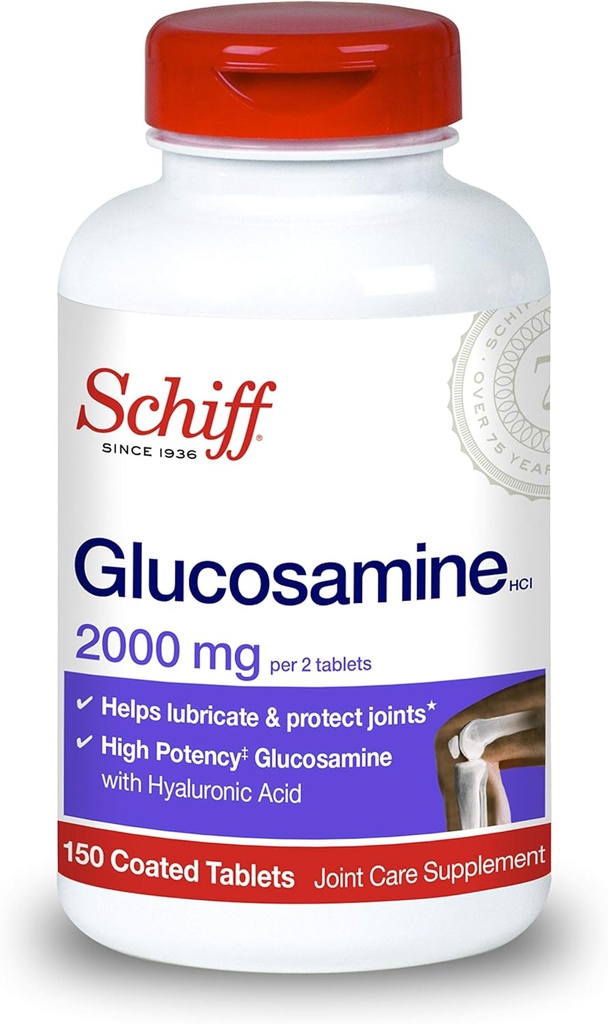 Schiff Glucosamine 2000mg (par service) + comprimés d'acide hyaluronique (150 Compte dans une bouteille), supplément de soins interarmées qui aide à soutenir la mobilité et la flexibilité conjointes, soutient la structure du cartilage