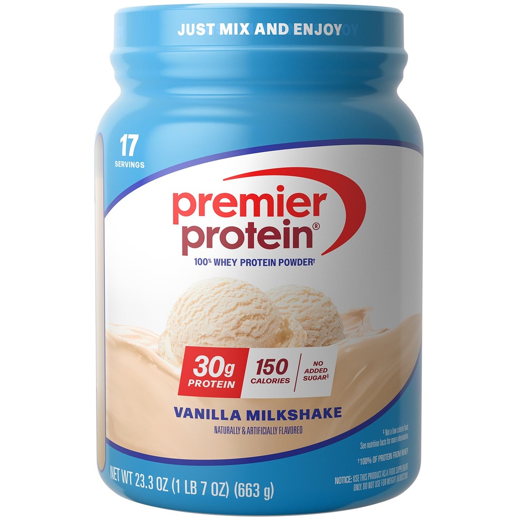 Premier Protéines Poudre, Vanilla Milkshake, 30g Protéines, 1g Sucre, 100% Whey Protéines, Keto Friendly, Pas de soja, Sans gluten, 23,3 oz (17 portions)