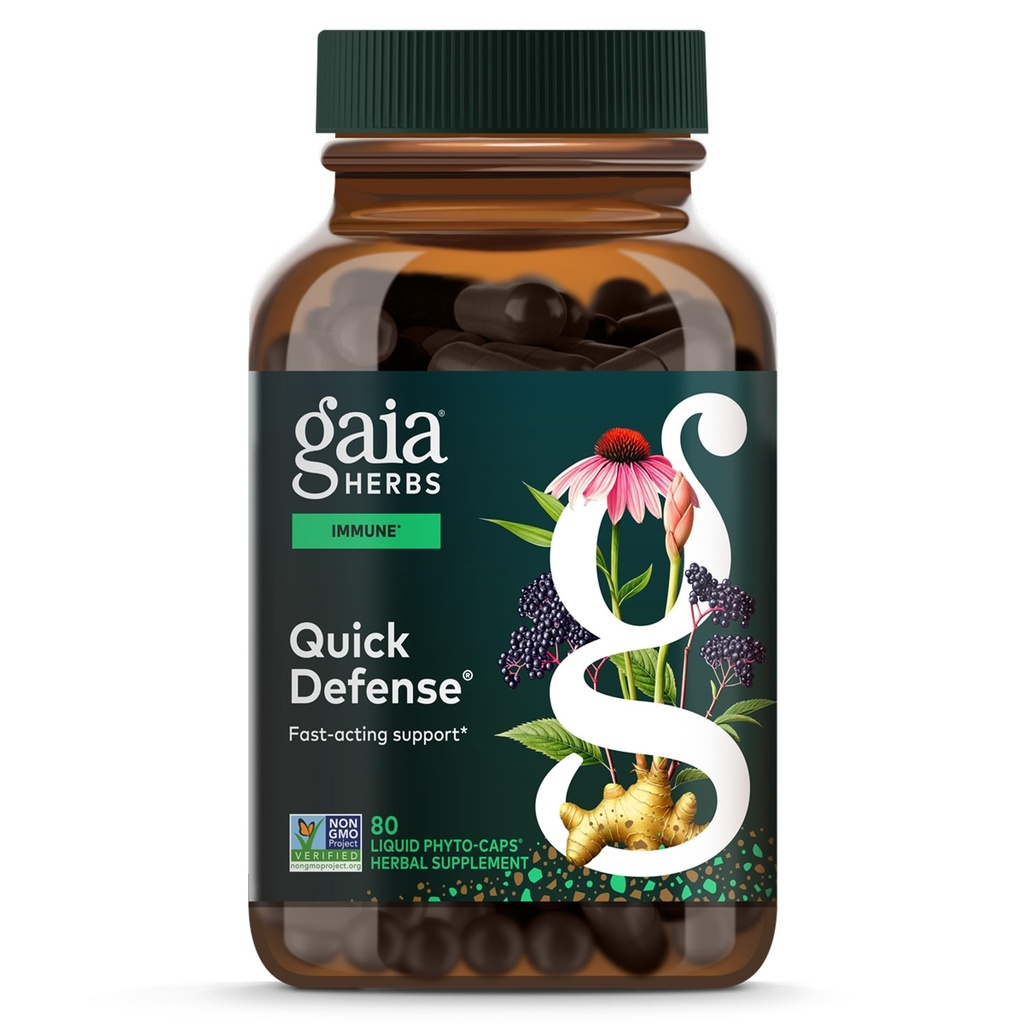 Gaia Herbs Quick Defense - Supplément de soutien immunitaire à action rapide* - Echinacea, Black Elderberry, Ginger & Andrographis - 80 phytocapsules liquides végétaliens (8 jours d'approvisionnement)