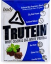 Trutéine à haute teneur en protéines Poudre : 45 % de lactosérum, 45 % de caséine, 10 % de blanc d'oeuf, sans gluten, faible teneur en sodium, poudre de protéines de lactosérum, supplément de gymnastique et petit déjeuner, menthe de chocolat, échantillon de 34g