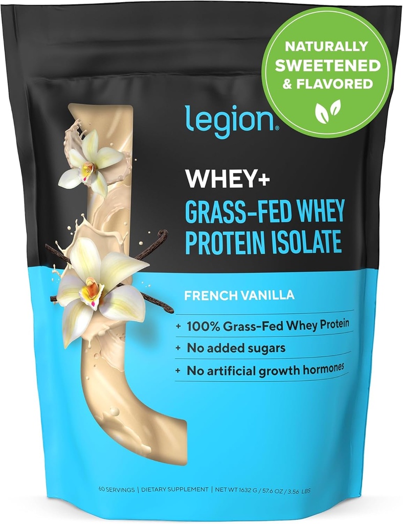 LÉGION Whey+ Protein Whey Isolate from Grass Fed Vows - Whey Protein Isolate Poudre à faible teneur en calories, non-OGM, sans sucre, sans lactose et sans gluten, toutes les protéines naturelles en poudre pour hommes et femmes (60 portions)