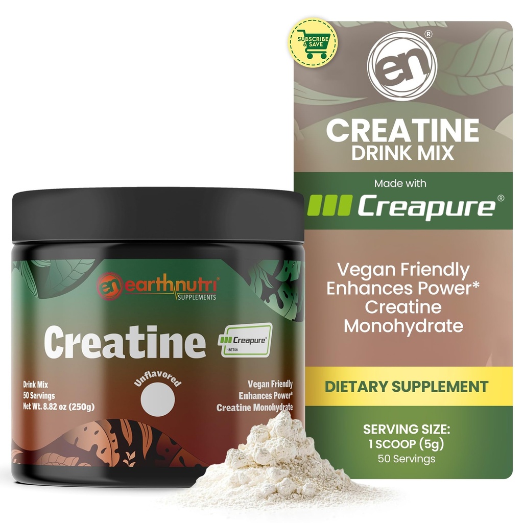 EarthNutri poudre monohydratée de créatine - Supplément de créatine pure pour la force musculaire, la force et la performance – non-OGM, sans sucre, sans additif – pour les hommes et les femmes, sans saveur 250g