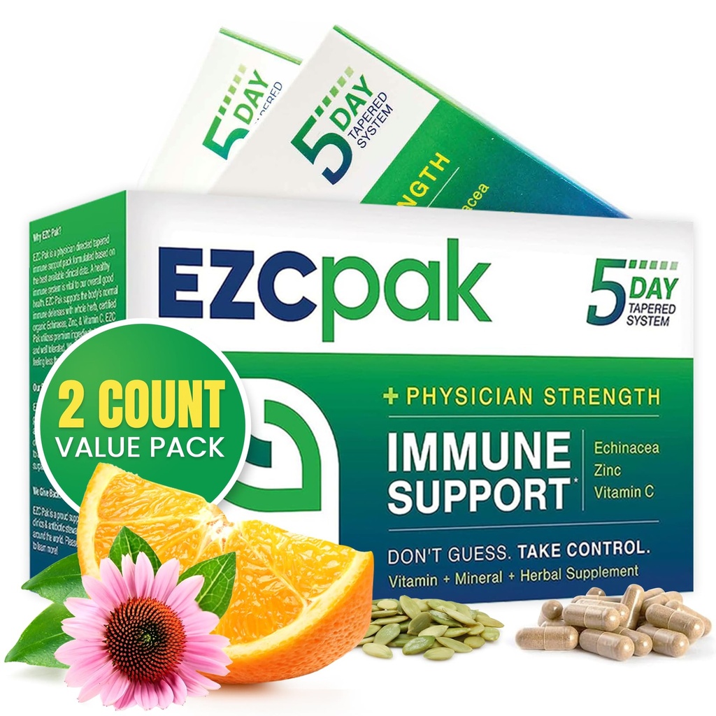 EZC Pak 5 jours booster de soutien immunitaire - supplément de soutien immunitaire, Echinacea, Zinc Vitamine C, boosters immunitaires pour adultes - vitamines de soutien immunitaire (paquet de 2)