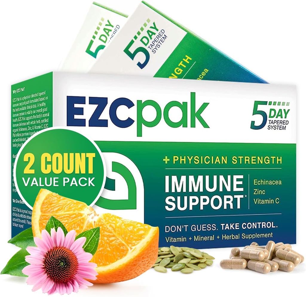 EZC Pak 5 jours booster de soutien immunitaire - supplément de soutien immunitaire, Echinacea, Zinc Vitamine C, boosters immunitaires pour adultes - vitamines de soutien immunitaire (paquet de 2)