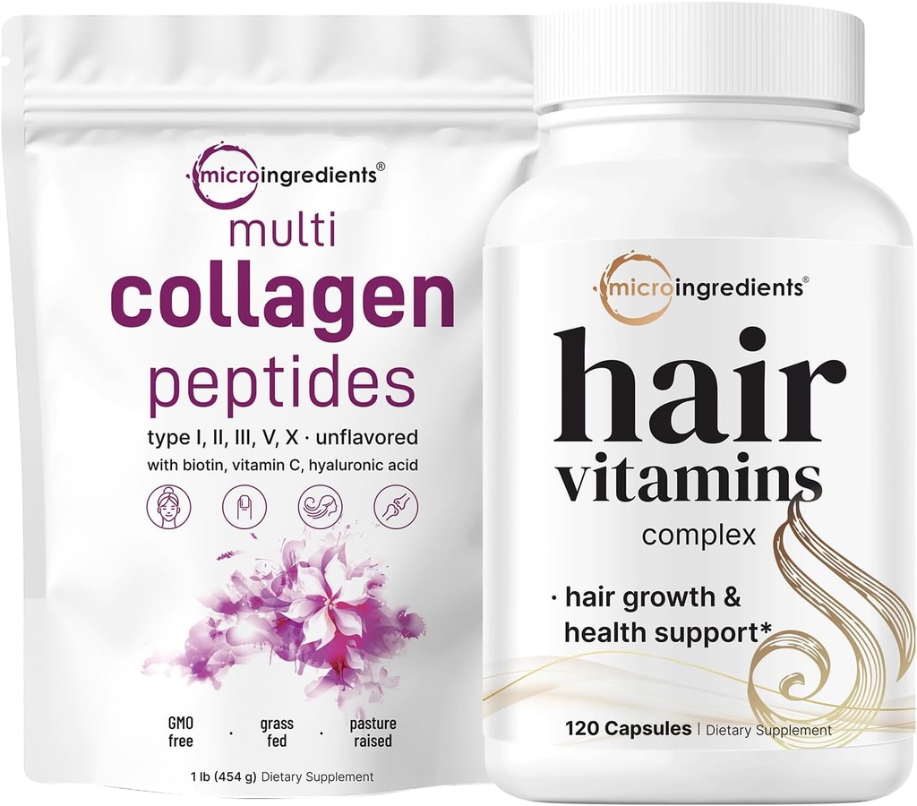 Micro Ingredients Multi Collagène Protéine Poudre 16oz et Vitamines capillaires Capsules complexes Ensemble 2 Packs de Peptides de Collagène Herbacé 14-en-1 Support avancé de croissance capillaire