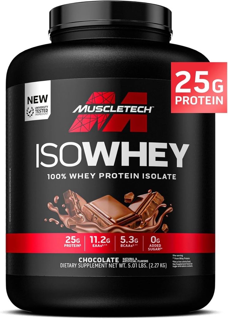 MuscleTech ISO Whey Isolate Protein Powder, Chocolate - Post Workout Gym Supplement for Lean Muscle Gain, Body Building Weight Gainer & Recovery - 25g Protein, BCAA, EAA & 0 Added Sugar - 5lbs