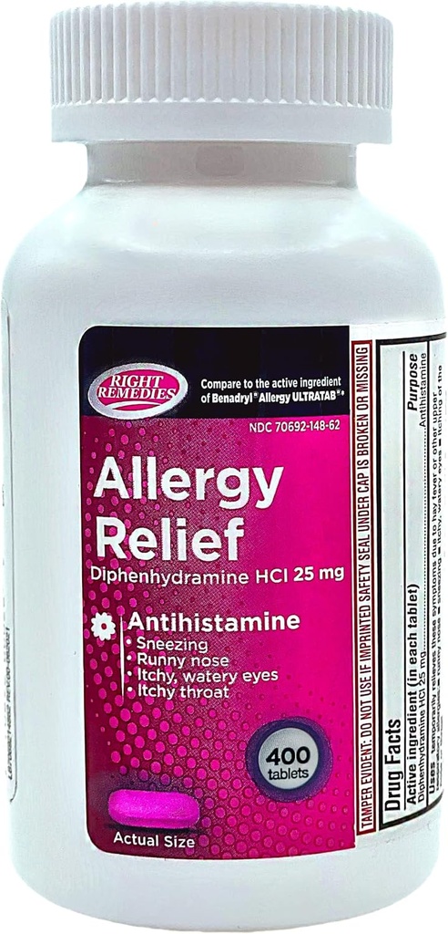 Antihistaminique antiallergique, Diphenhydramine HCl 25mg, Ultratabs générique, Soulage les allergies respiratoires supérieures à l'intérieur ou à l'extérieur, 400 Compte