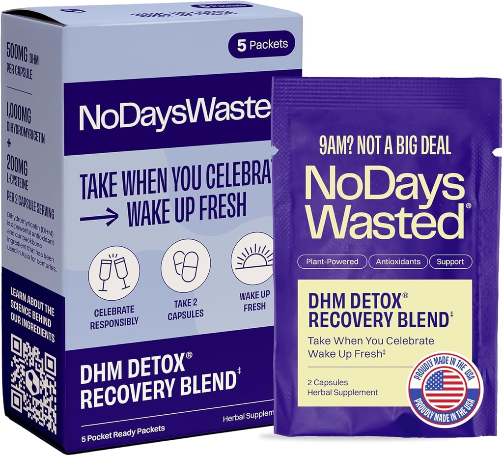 DHM Detox® - No Days Wasted® - Nouveau look - Supplément dihydromyricétine, chardon de lait, poire piquante, vitamine B, électrolytes d'hydratation prendre pendant le soir pour mieux le lendemain et la récupération
