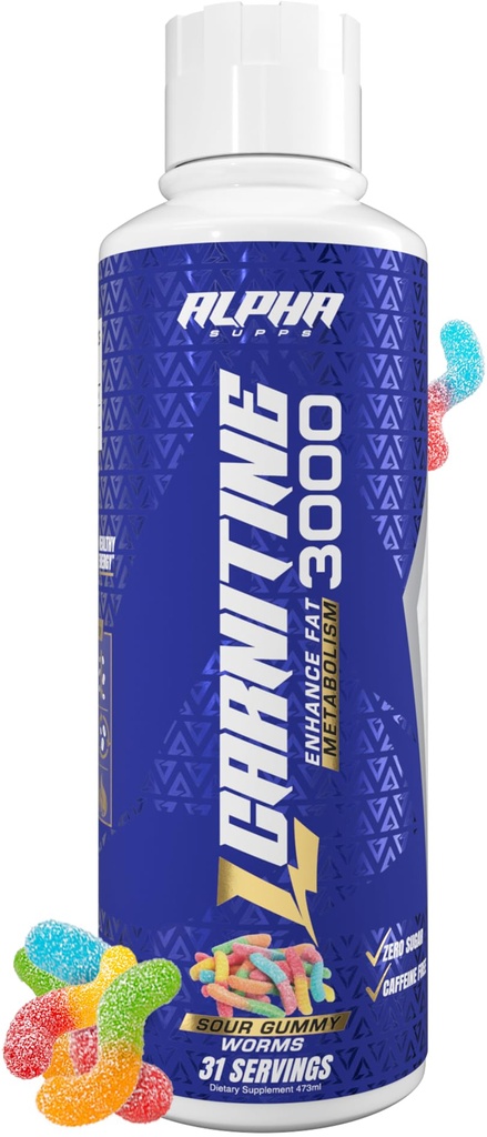 Alpha Supps L Carnitine Liquid 3000 | Stimulant-Free Fat Burner Supplement for Men & Women | Pre-Workout Energy Boost & Muscle Recovery | Zero Sugar, Fat, & Carbs | 31 Servings (Sour Gummy Worms)