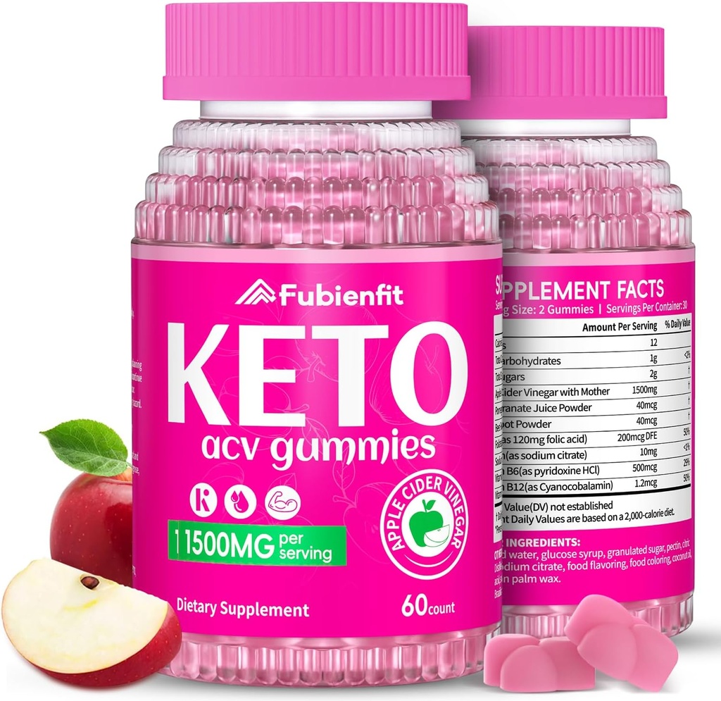 (2 Pack) Gummies de vinaigre de cidre de pomme Keto Formule avancée 1500MG Gummies de cidre de pomme formule avec jus de betterave grenade poudre B12 Vegan Non OGM 120 Gummys