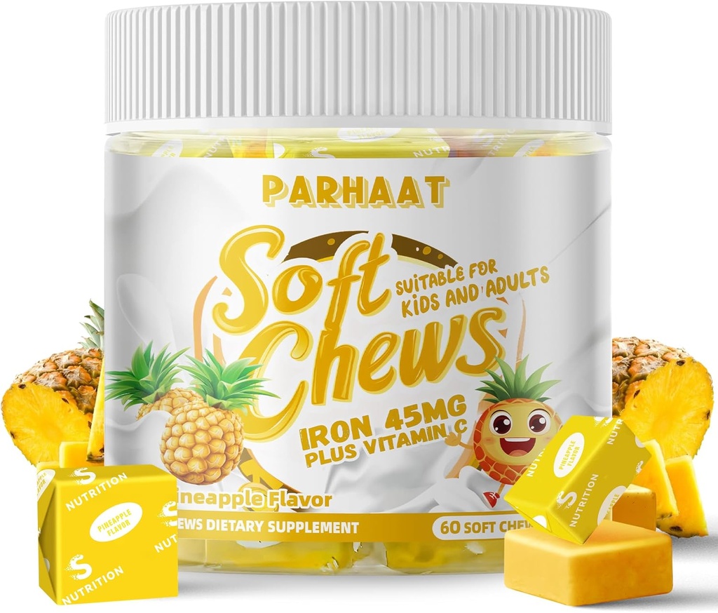 Supplément en fer doux à croquer avec vitamine C. Ananas aromatisé.