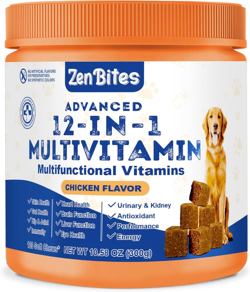 12-en-1 Vitamines et probiotiques pour chiens 120 Chews souples - Multivitamine biologique avec glucosamine pour chiens - Supplément de soutien pour chiens de tous âges, tailles et races, soutient la peau, le coeur, l'immunité