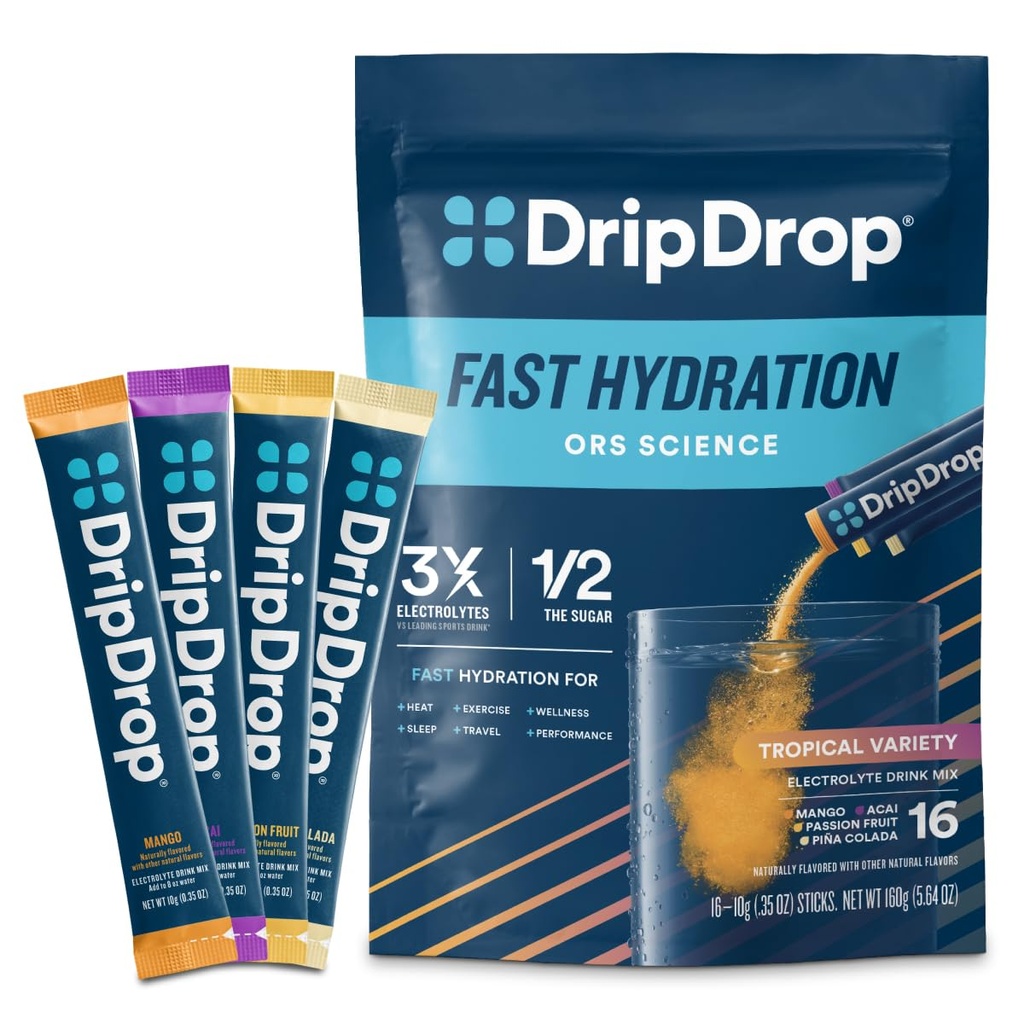 Paquets d'hydratation DripDrop - Paquet de variétés tropicales - Mélange de poudre d'électrolytes à usage unique - Mango, Açaí, Fruits de la passion, Piña Colada - Non-OGM, Sans gluten, Vegan - 16 bâtons