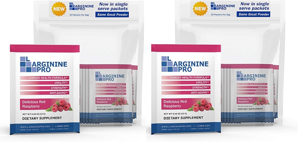 Supplément L-ARGININE PRO Poudre de 60 paquets de L-arginine Plus 1100mg L-Citrulline, framboise