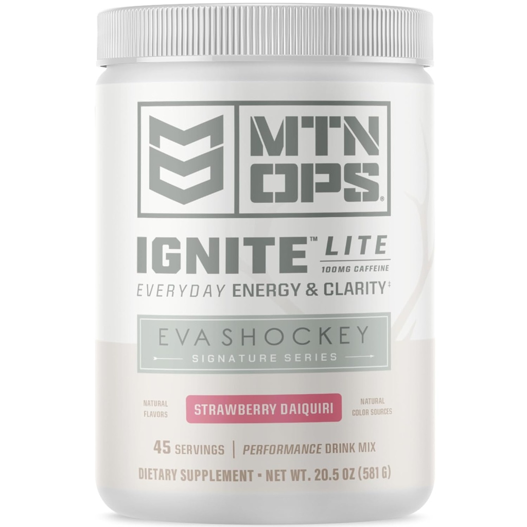 MTN OPS Ignite Lite Energy Drink Powder Gluten Free Nitric Oxide Complement Drink Mix, L Arginine, L Citrulline, Caféine et Nootropic Sugar Drink Mix, 45 portions, Fraise Daiquiri Flavor par Eva Shockey