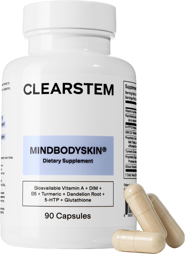 CLEARSTEM - Supplément d'acné hormonal MINDBODYSKIN (5-HTP) - Supplément naturel DIM - Vitamines de soins de la peau - Balance hormonale, antioxydants - Sans gluten, sans cruauté - 30 portions, 90 capsules