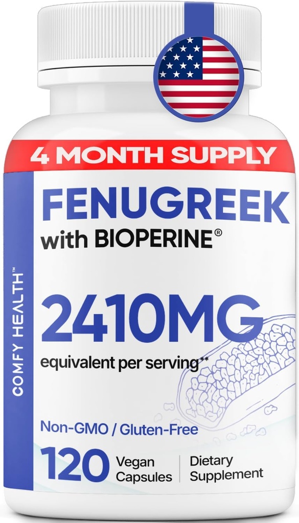 Capsules Fenugreek, 2410mg Par Capsule, 120 Compte, Pilules Fenugreek avec Bioperine pour Absorption Supérieure, Non-OGM, Suppléments d'extrait de graines Fenugreek sans gluten, Capsules Fenogreco