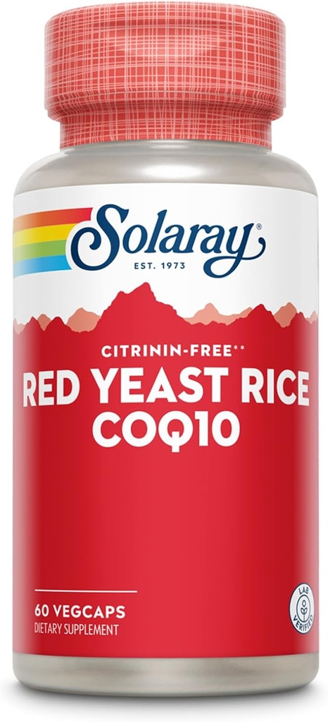 SOLARAY Red Yeast Rice Plus CoQ-10 & No-Flush Niacin Vitamine B-3, Heart Healthy & Cardiovascular Support, Non-ionisé & Citrinine Gratuit, Garantie de remboursement de 60 jours, 60 portions, 60 VegCaps