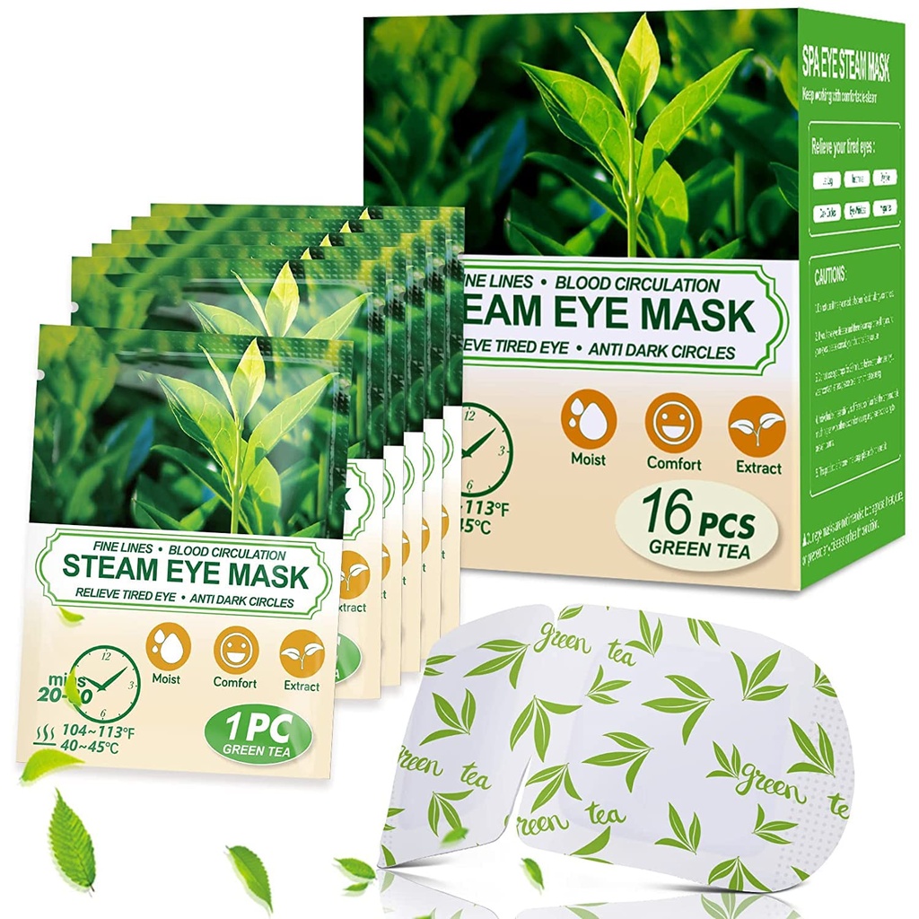 16 Packs Masques d'oeil à vapeur pour les yeux secs, Masque d'œil chaud au thé vert, Fatigue d'oeil de soulagement et yeux puants, Compresseur de chauffage humide pour les yeux, Masque d'oeil autochauffé, Essentiels de voyage jetables et ensembles de relaxation